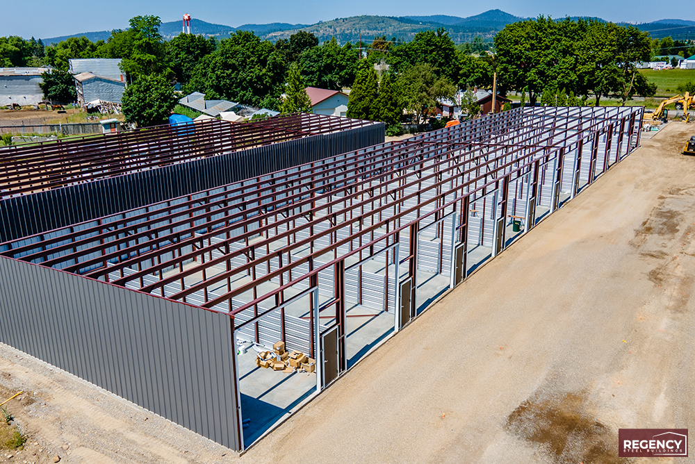 Steel self-storage building under construction with framing visible Steel self-storage building under construction with framing visible