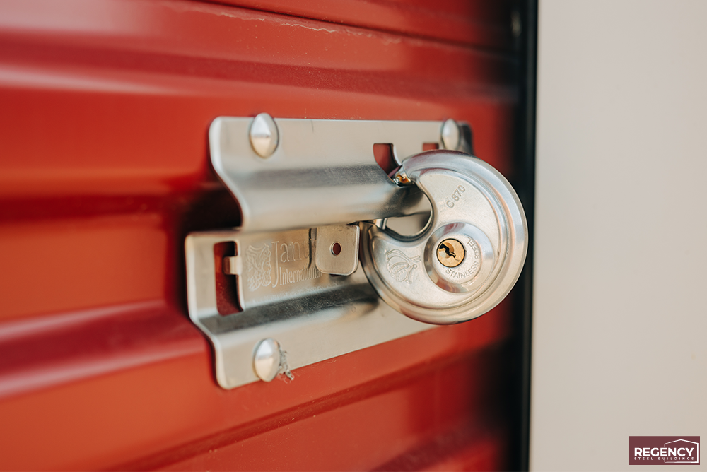 Close-up of a secure storage unit door lock mechanism Close-up of a secure storage unit door lock mechanism