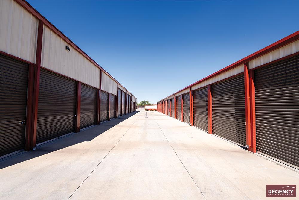 cheyenne-wyoming-mini-storage mini storage under a clear blue sky, with RV sized doors and a burnt orange trim
