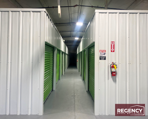 climate controlled storage interior with green doors