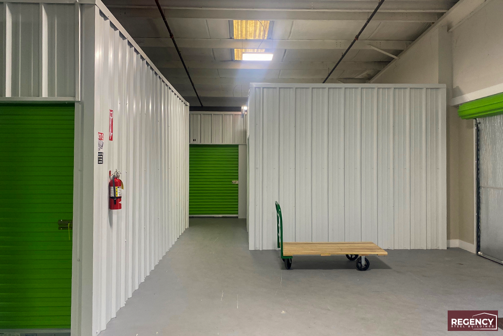 indoor-storage-units indoor storage units with green doors and white wall panels