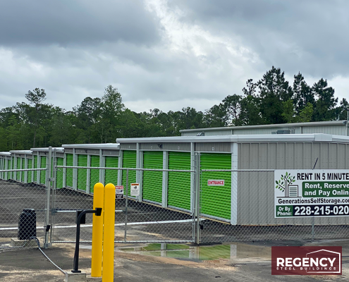 self storage mississippi with green doors with grey walls and white trim