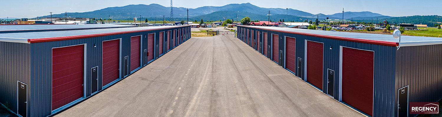 diy-self-storage mini storage facility with red doors and grey wall panels