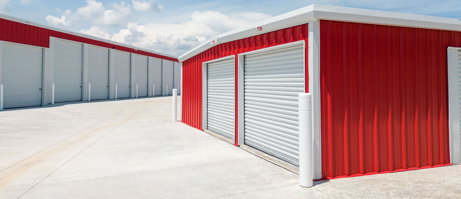 red and white RV storage facility