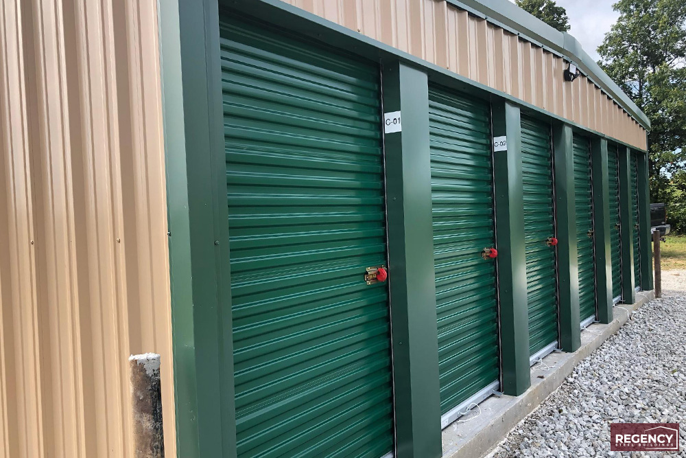 mini storage end units with green doors